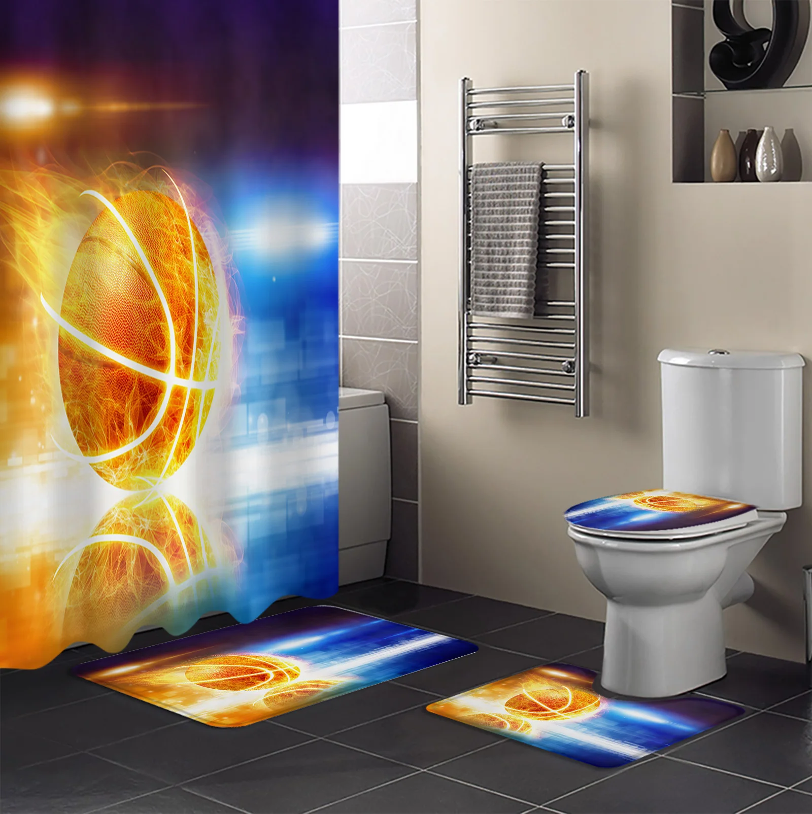 Basketball Fire Gradient Shower Curtain Sets Non-Slip Rugs Toilet Lid Cover and Bath Mat Bathroom Curtains Set