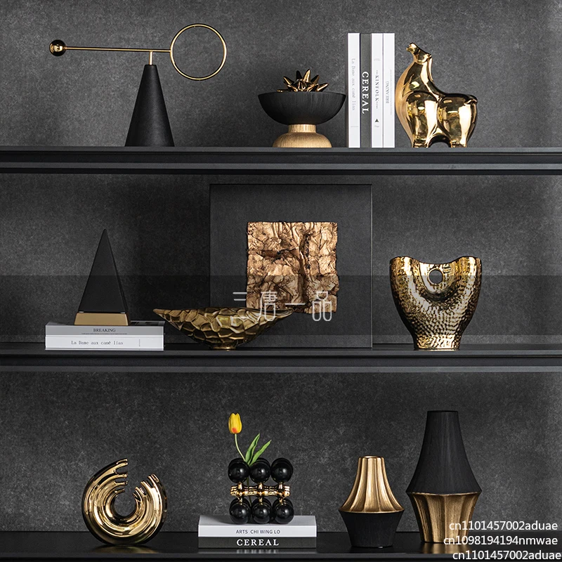Luxury gold geometric artwork ornaments living room wine cabinet modern model room open frame bookshelf high-end decorations