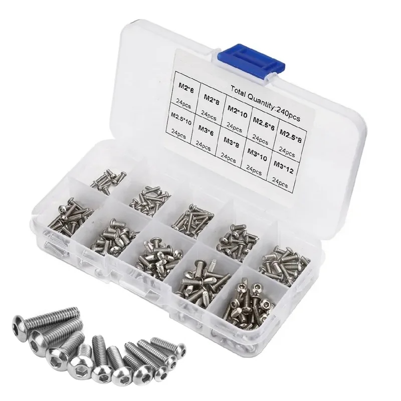 240Pcs 304 Stainless Steel Round Head Hexagon Socket Bolts Screws M2 M2.5 M3 Allen Hexagon Screw Assortment Kit Hardware Tools