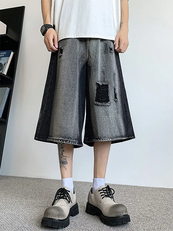 

American Style Vintage Washed Ripped Denim Shorts Men Summer Loose Wide Leg Straight Casual Seven-Foot Pants Male