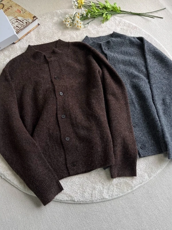 

Mixed Fiber Floral Weave f High Collar Open Cardigan Sweater ex Autumn Winter Vintage Brown ey Versatile Cleanfit