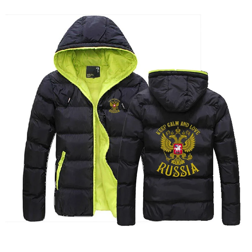 

Russia Badge Gold Eagle Print Men Winter Casual Coat Color Collision Zipper Hoodie Cotton-padded Jacket Coat High Quality Jacket