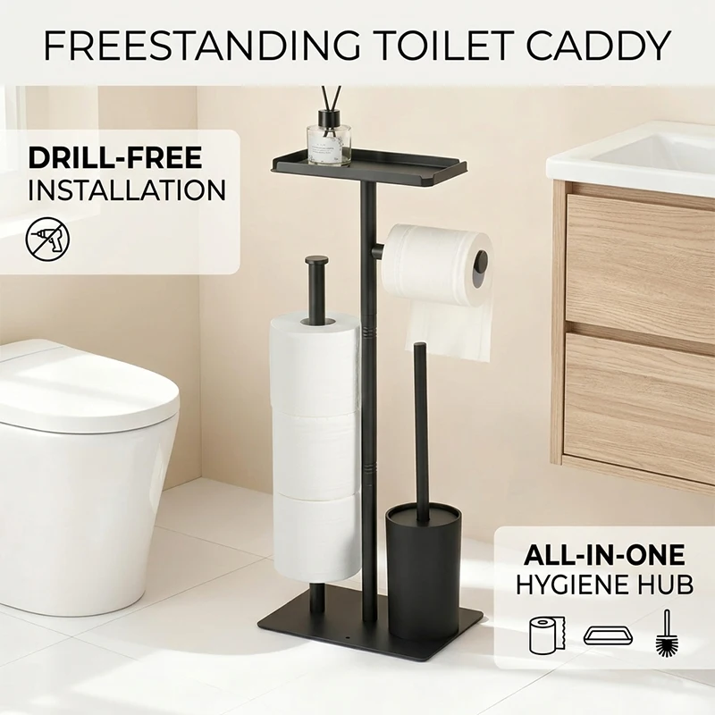 

Freestanding Toilet Paper Holder with Toilet Brush Storage Shelf 3 in 1 No Drilling Rustproof Stainless Steel Bathroom Organizer