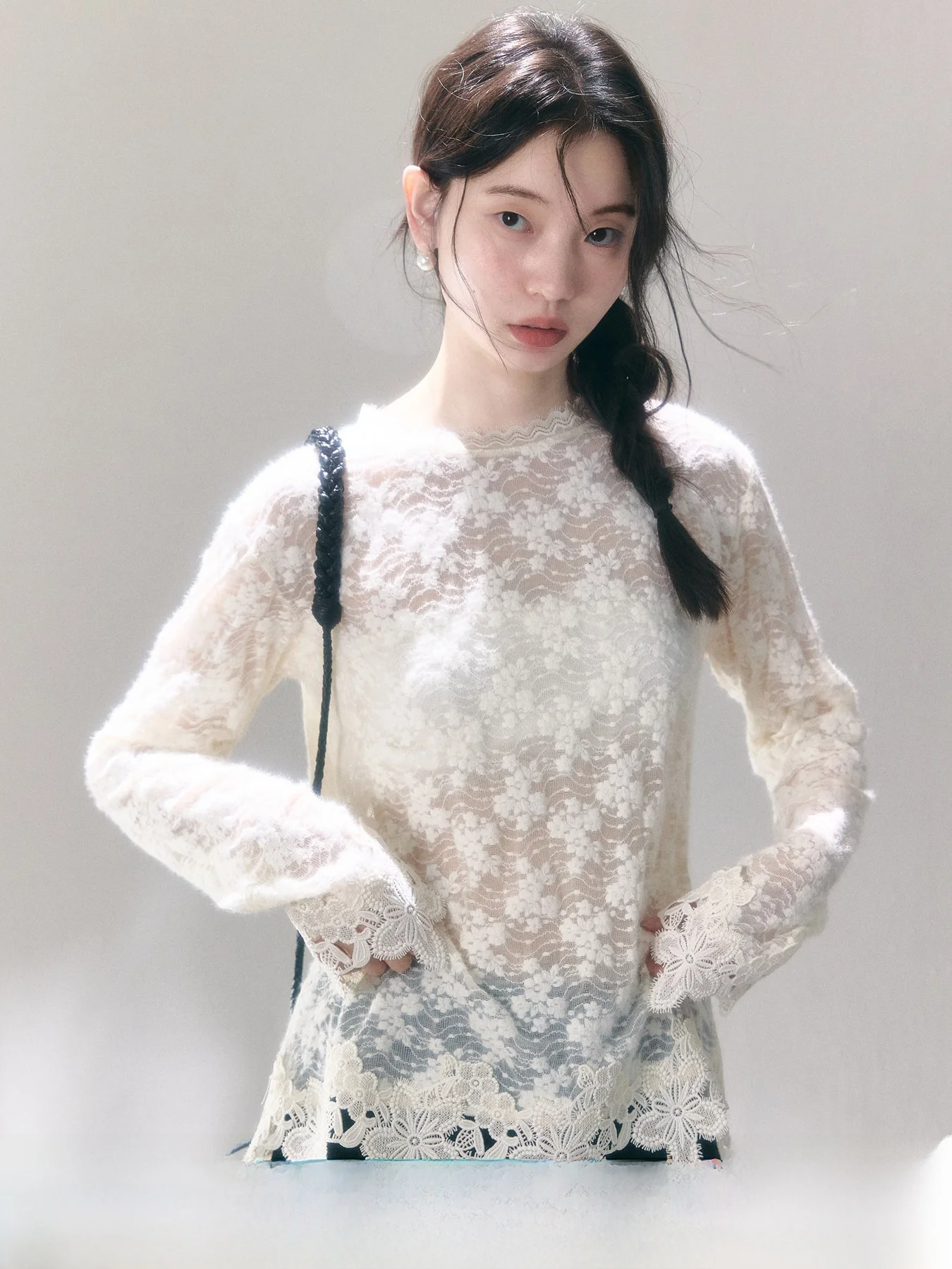 

Uare Original Design Long Sve Lace Trim Knitted Base irt Breathable Casual Sle Fitted Nylon Fabric round Ne Top