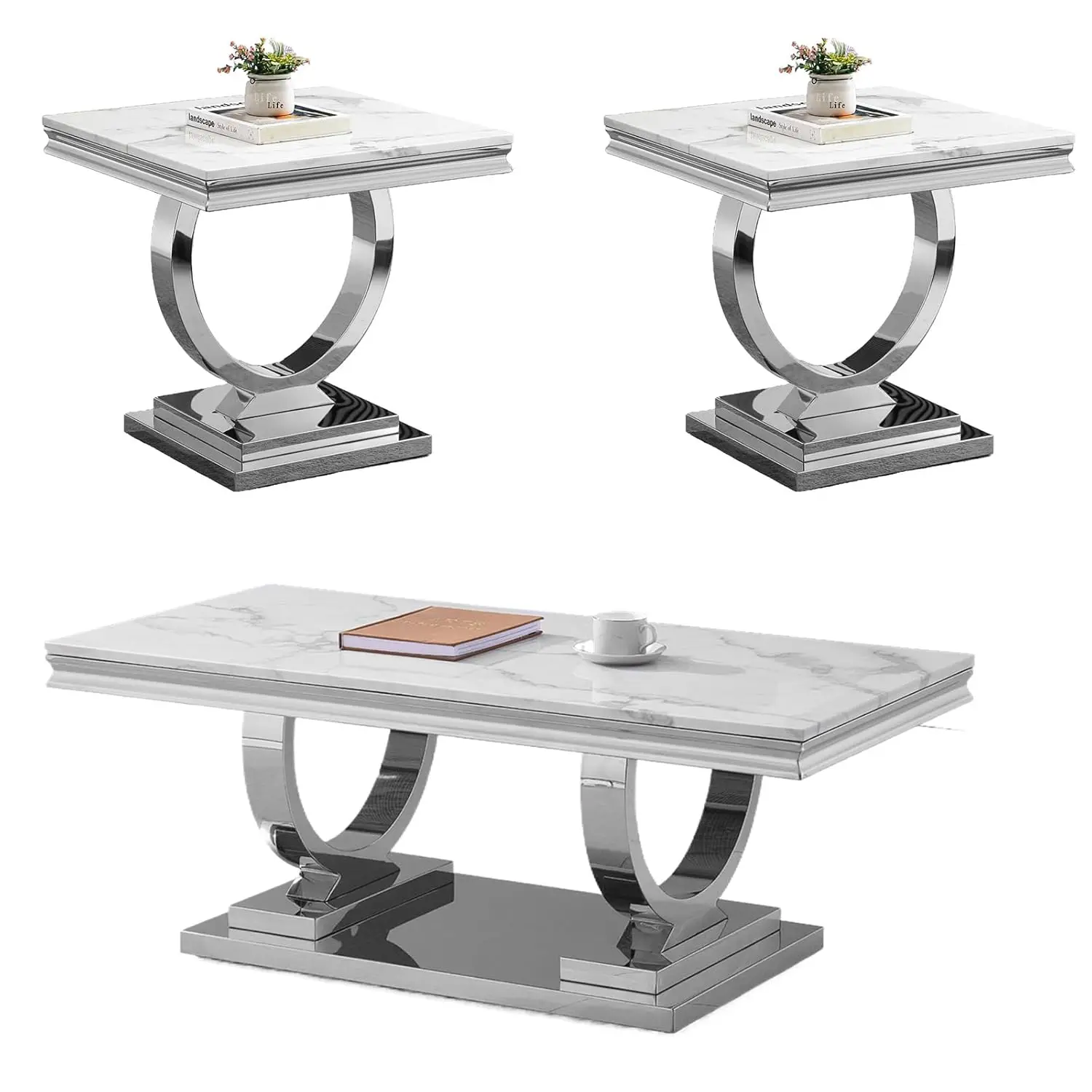 

3-Piece Living Room Table Set for Home Office, Faux Marble White Coffee Table Set of 3 Includes Coffee & 2 End, Customized