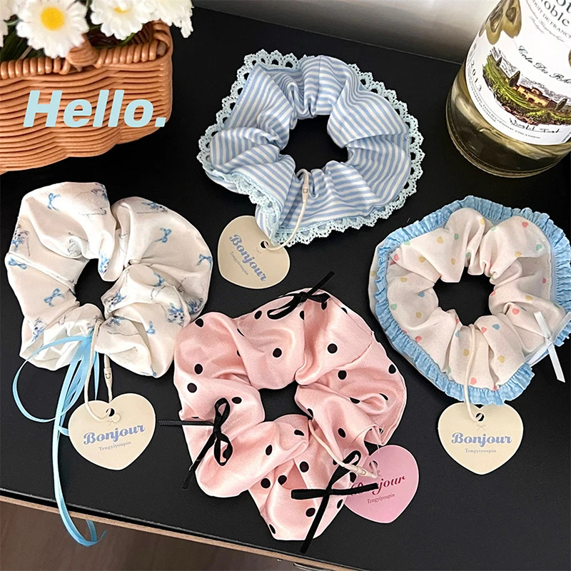 1PC Korean Women Scrunchies Elastic Hair Bands Ponytail Holder Bow Lace Hair Tie Rope Large Intestine Hair Ring Headwear