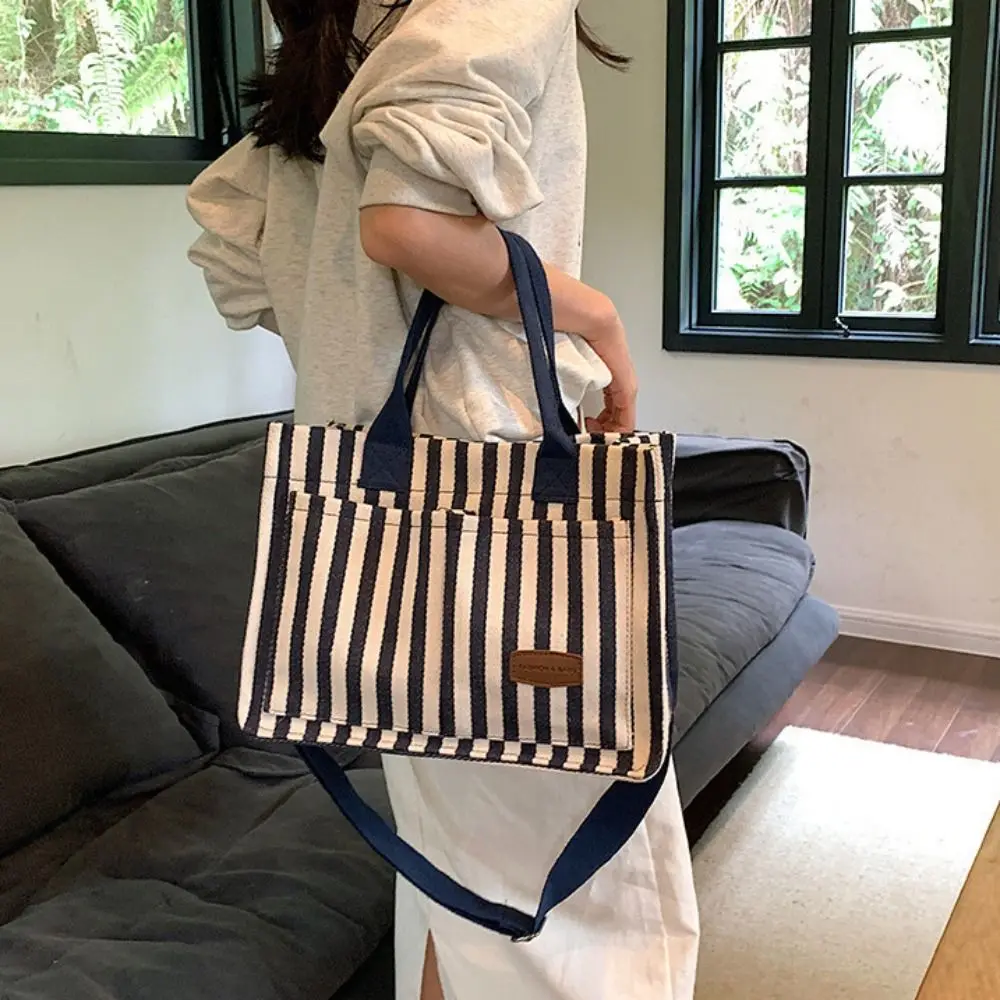 

Temperament Large Capacity Stripe Canvas Tote Bag Korean Style Fashion Shoulder Bag Portable Simple Cloth Handbag All-match