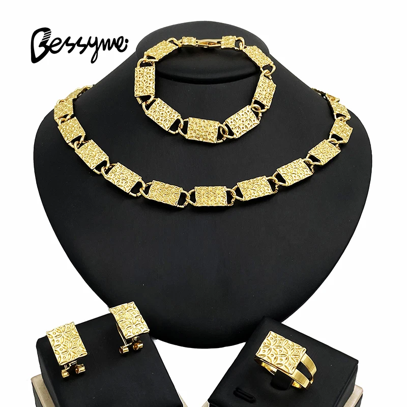 

Dubai Gold Color Jewelry Sets Wedding Party Accessories 18K Gold Plated Cuba Style Necklace Bracelet Earrings Ring Set Jewelry