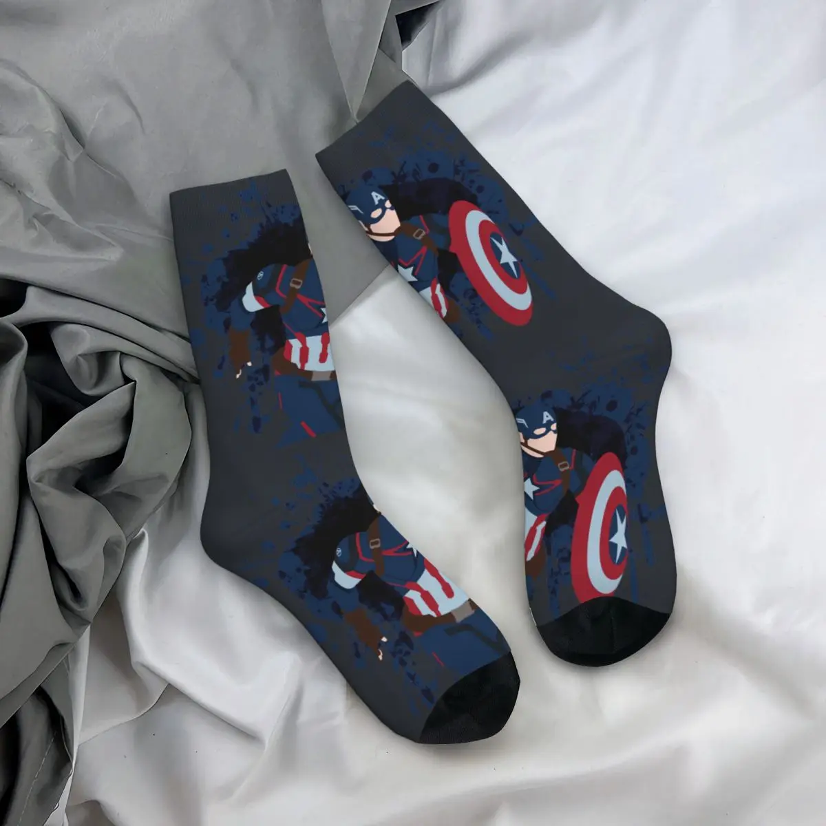 Art Design Men\'s Socks Retro Harajuku Disney Captain America Film Street Style Novelty Casual Crew Sock