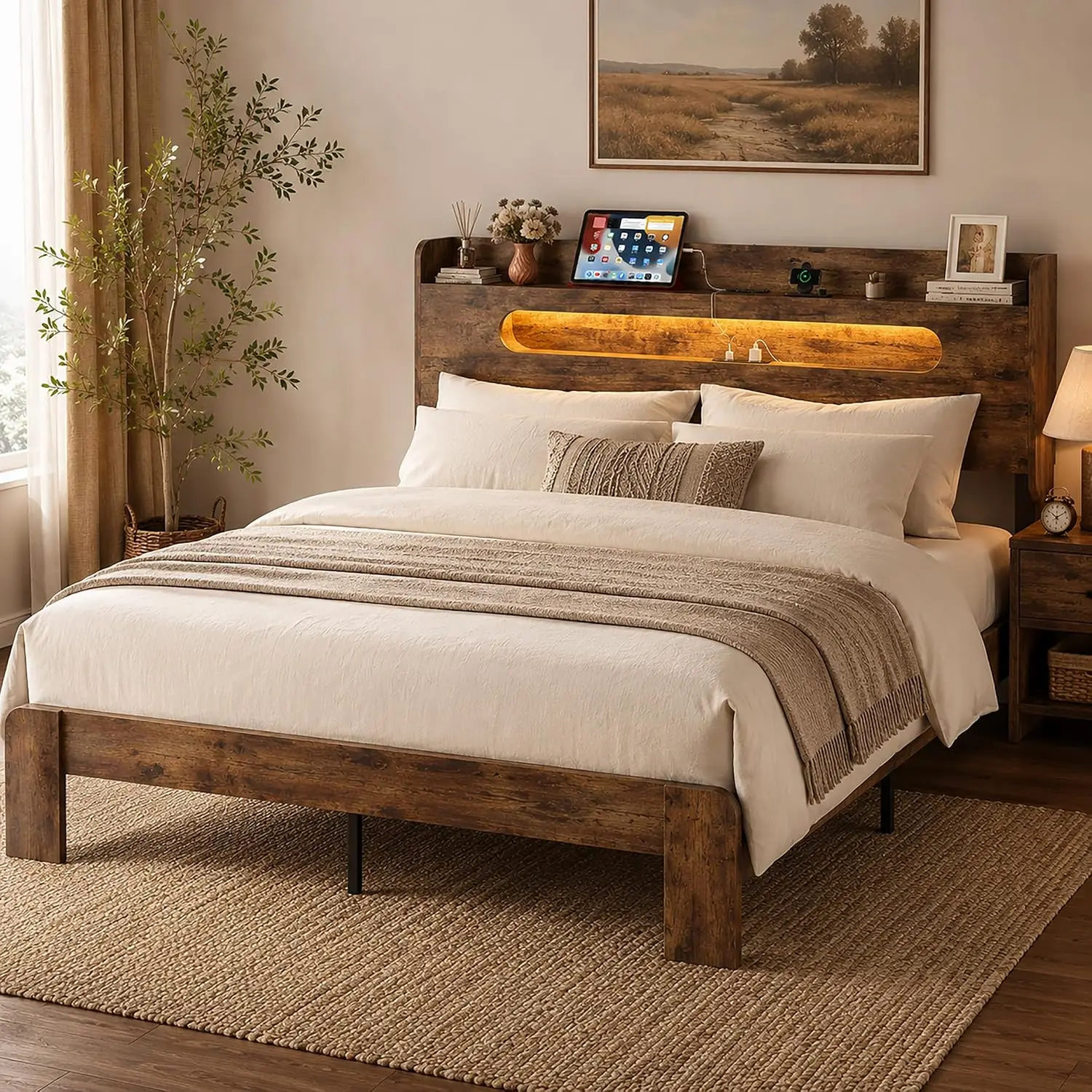 Wood Bed Frame Storage Headboard USB Charging No Box Spring Easy Assembly, Customized image 2
