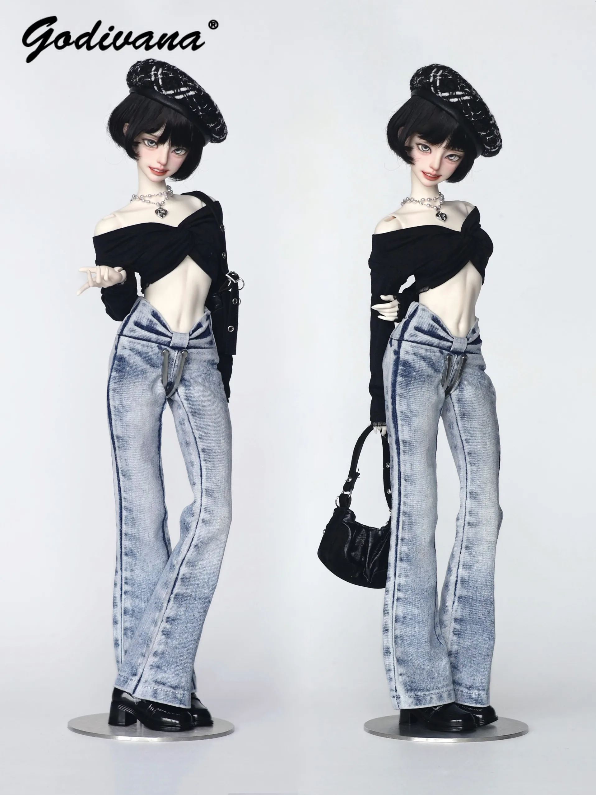 1/4 BJD Doll Clothes Vintage Washed High‑waisted Flared Denim Jeans and Long Sleeve Off-shoulder Cropped Top Doll Clothing Set