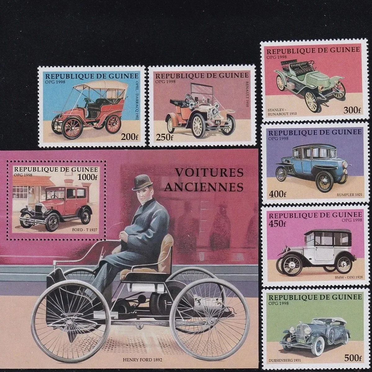 Briefmarken der Guinea Post, Jahrgang 1998, Europäische Klassische Autos, 1 Set mit 7 neuen Sammlerbriefmarken, Material für Scrapbooking – Detail 1