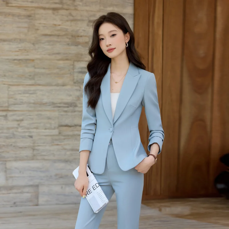 

Синий блейзер с длинными рукавами и маленьким воротником-стойкой, женские брюки, новый комплект из двух предметов для осени и зимы, профессиональная одежда.