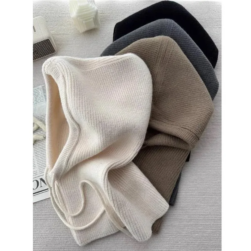 Unisex Knitted Head Hood Faux Cashmere Hooded Neck Collar Cap Head Drawstring Thick Beanie Men&Women Adjustable Elastic Hat