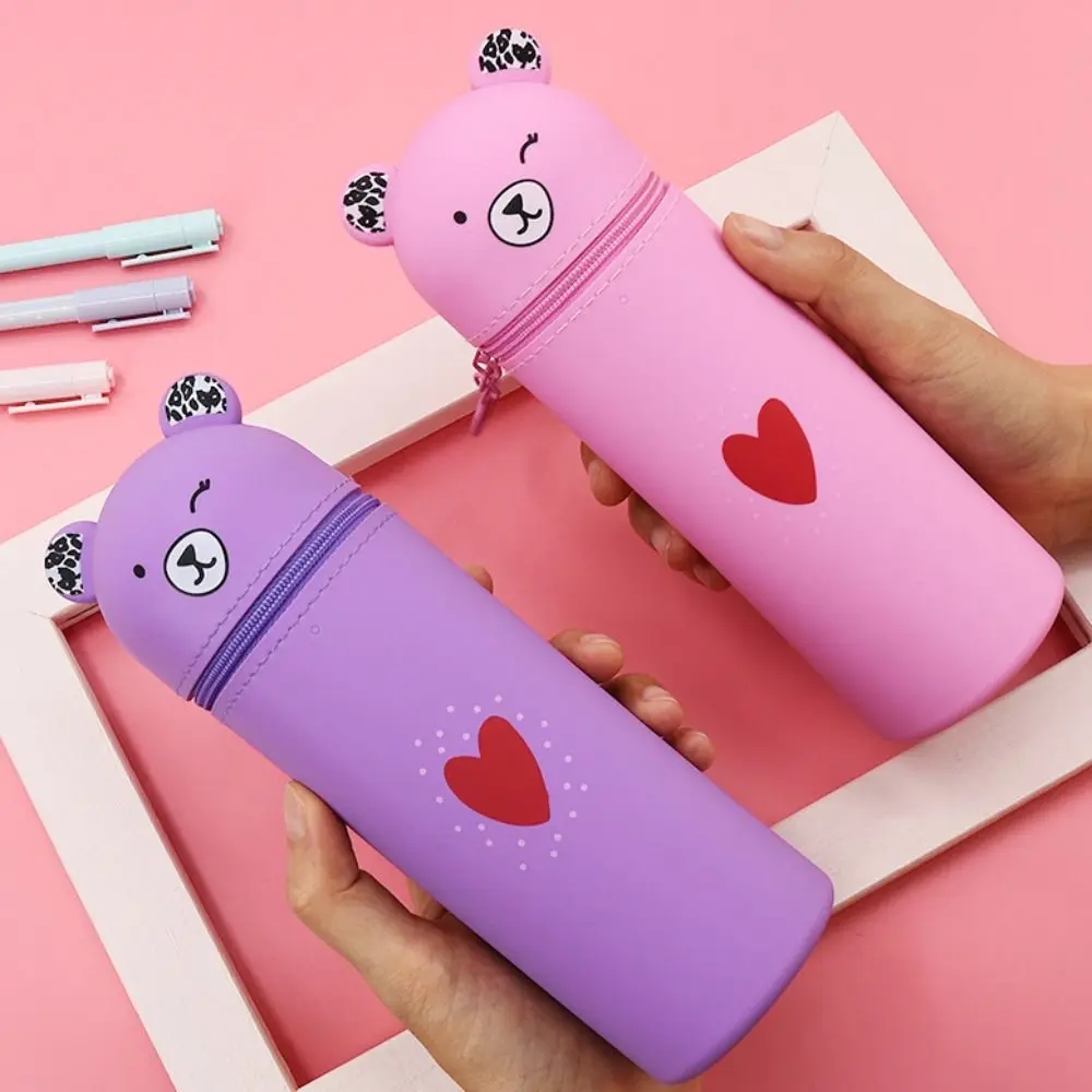 

Круглый держатель для карандашей, силиконовый пенал с мультяшным медведем, выдвижной мягкий пенал, креативная большая вместительная коробка для канцелярских принадлежностей, студенческая