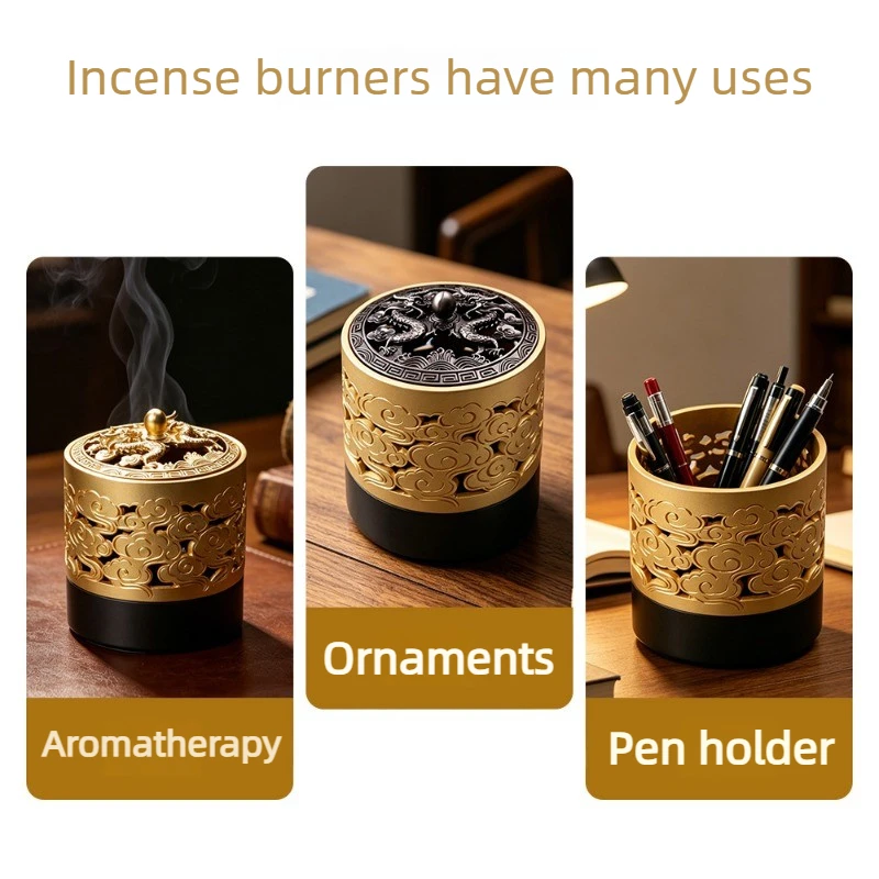 Retro Embossed Metal Incense Burner Twin Dragons Chasing Pearl Cloud Design Creative Indoor Sandalwood Agarwood Desk Ornament