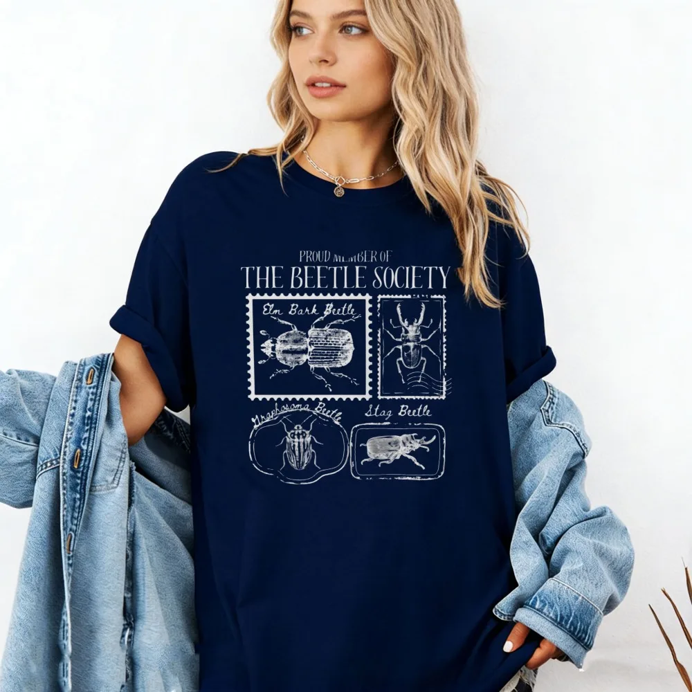 Women Proud Member of The Beetle Society Vintage Stamp Beetle Graphic T Shirt Casual Loose Short Sleeve Cotton Tee Insect Tops