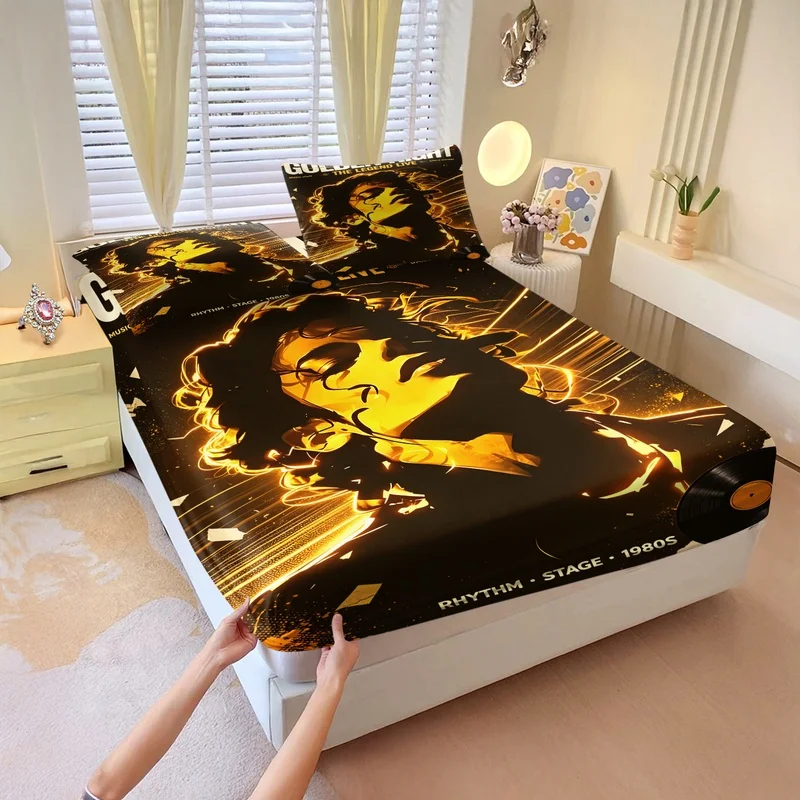 Pop Icon Michael Jackson Fitted Sheet Set King Of Pop Stage Print Bed Sheet Set Elastic Deep Pocket Bed Linens Legend Decor Gift
