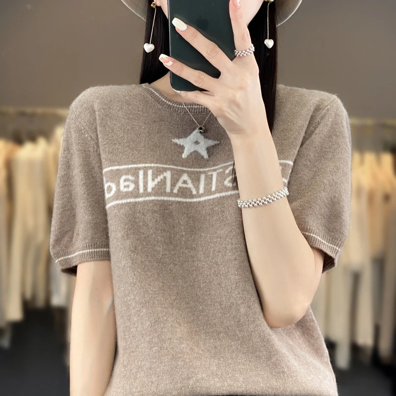 Women\'s Sweater 100% Pure Wool Four Seasons Luxury Love Simple Fashion Delicate Soft Letter Embroidery Round Neck Knit Pullover