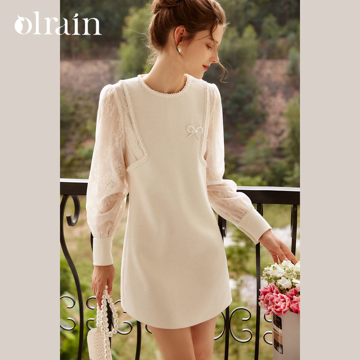 

OLrain Elegant Party Short Dress Women Long Sleeve Lace Insertion Tweed Dress Ladies 2025 Autumn Woman Clothing O22CL58993