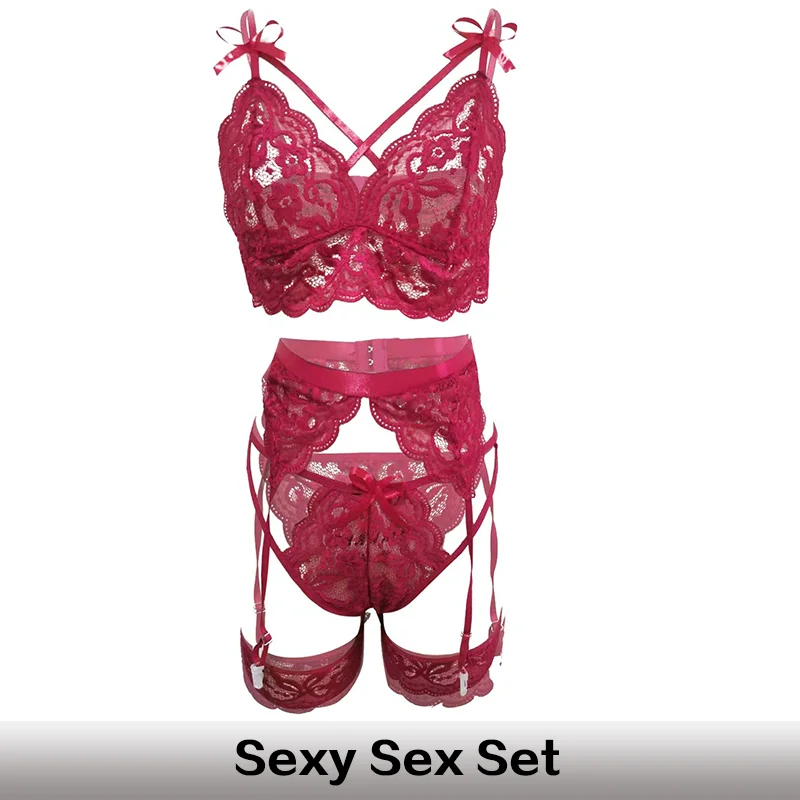 

Women's Lace Sexy Lingerie Set 3-Piece Lace Lingerie Lace up Bra and Underwear Set Exotic Sexy Women's Lingerie