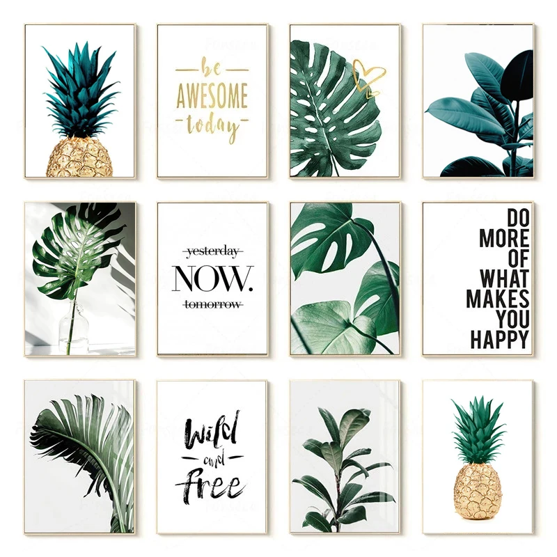 Nordic Golden Pineapple Green Leaves Canvas Paintings Motivational Quotes Posters Prints Wall for Living Room Wall Decor Cuadros