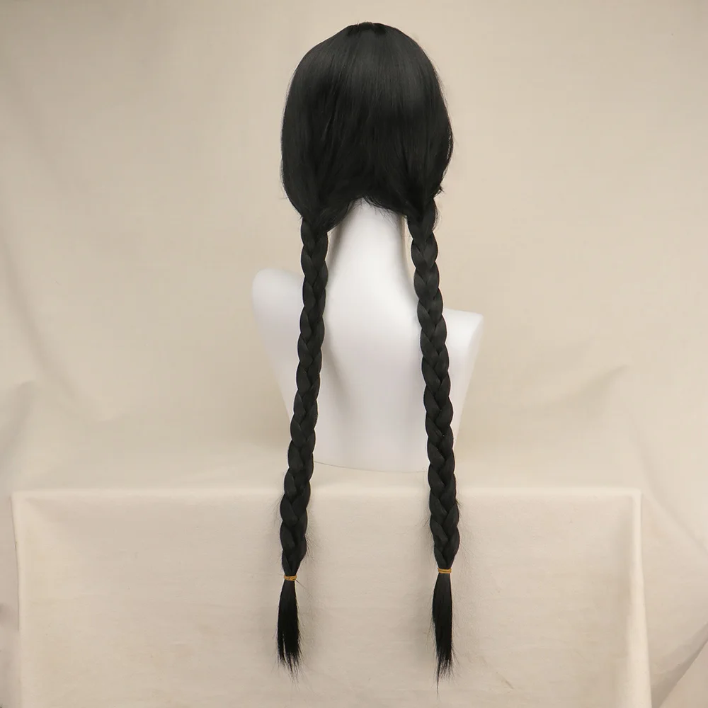 Cosplay Wig for Wednesday Addams Family Long Black Braids Hair Heat Resistant Synthetic Wigs With Bangs For Halloween Party