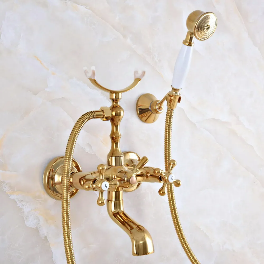 

Contemporary Golden Brass Wall Mounted Bathroom Bathtub Faucet Set with 150CM Hose Handheld Shower Spray Head Mixer Tap Dna921