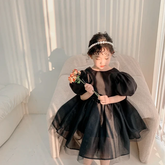 Toddler Girls Black Dress With Puff Sleeve Satin Silk Tutu Dress Party Gown For Kids Lovely Open Back Formal Clothing Girls Casual Dresses AliExpress