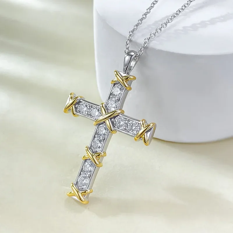 Cross D Color Moissanite Necklace 925 Silver Pendant Luxury for Women Plated 18K White Gold Party Bitthday Gift Jewelry Wholesal