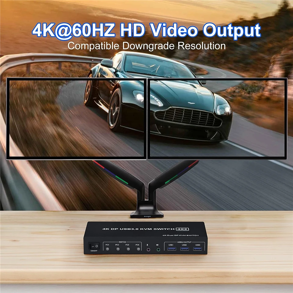 4 Port HDMI KVM USB 3.0 Switch 4X2 Dual Monitor 4K@60Hz Extended Display DP KVM Switch 4 In 2 Out for 4 PC Share Keyboard Mouse