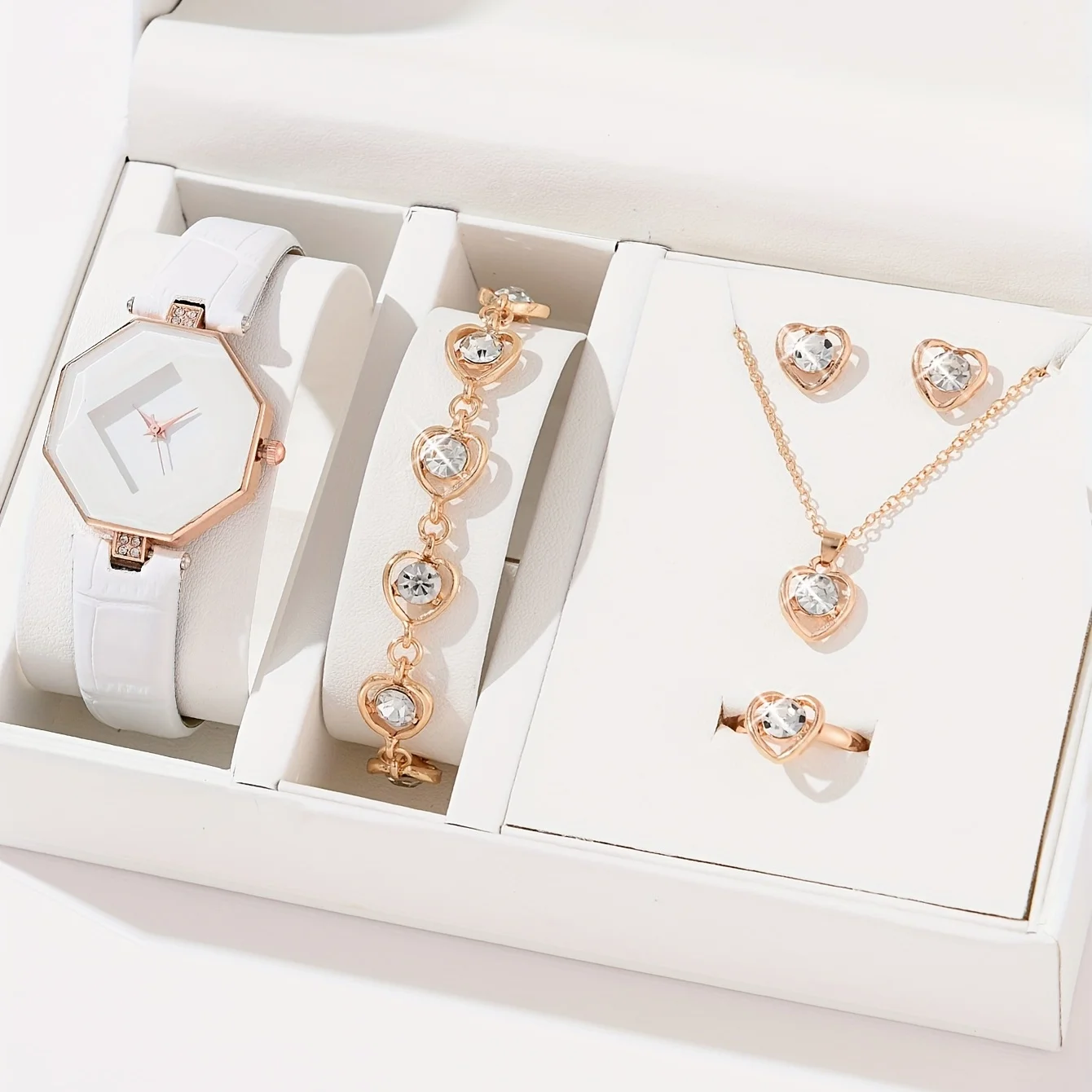 1pc Rhinestone Decor Quartz Watch Casual Polygon Pointer Analog Wristwatch & 5pcs Jewelry Set, Best Gift For Her(no box)