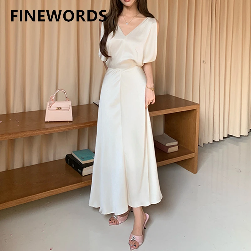 

FINEWORDS Vintage Casual Satin Long Dress Women Sleeveless A Line Midi Dress Easymatch Solid Party Elegant Summer Dresses