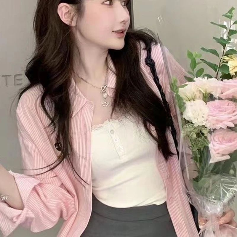 FSMG Sexy Lace Camisole With Chest Pad Crop Tops Female Sweet Solid Knit Slim Undershirt Sleeveless T Shirt Front Button Vest