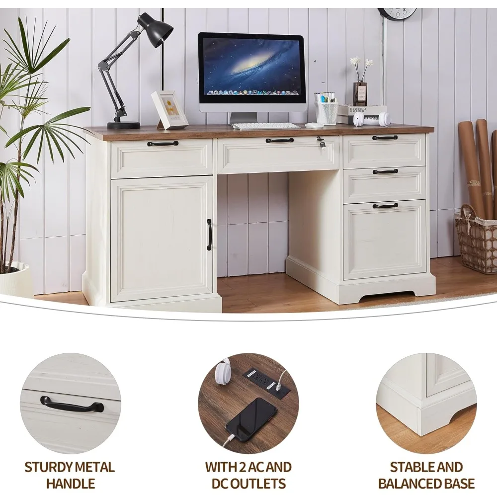 "60 Inch Farmhouse Style Executive Desk with 40 Inch Rolling File Cabinet, L-Shaped Desk Setup Including Charging Station, Offic