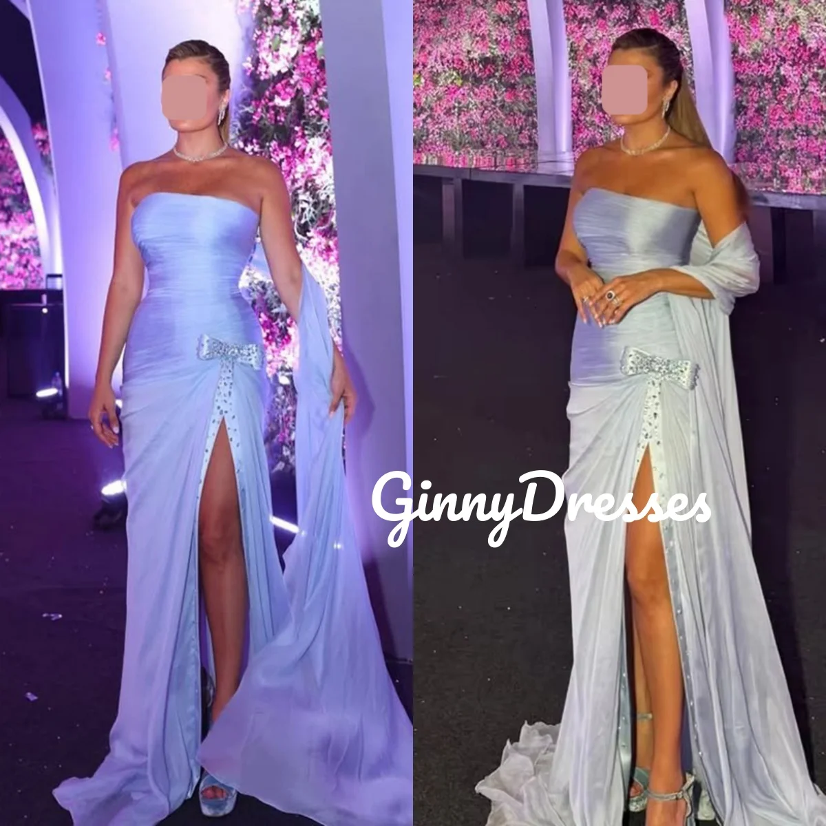 

Свадебное платье для торжественных мероприятий, индивидуальный пошив, фасон А-силуэт, с разрезом, без бретелек, в пол, с оборками, без рукавов, для вечерних мероприятий