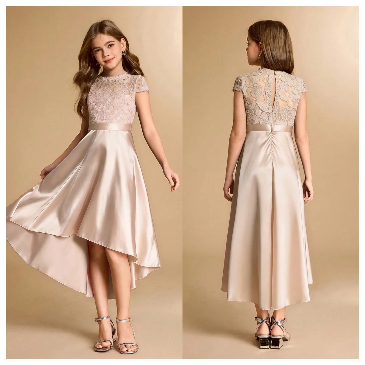 Children's First Communion Dress Simple Lace Satin Flower Girl Dress Waist A-Line Dress Wedding Party Pageant Dress