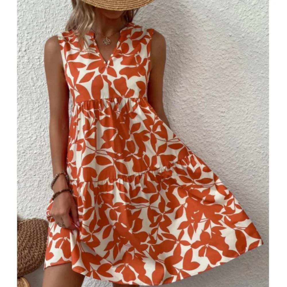 

Women's Summer New Fashionable Printed Sexy V-neck Pleated Sleeveless Short Skirt Bohemian Vacation Fashionable Loose Dress