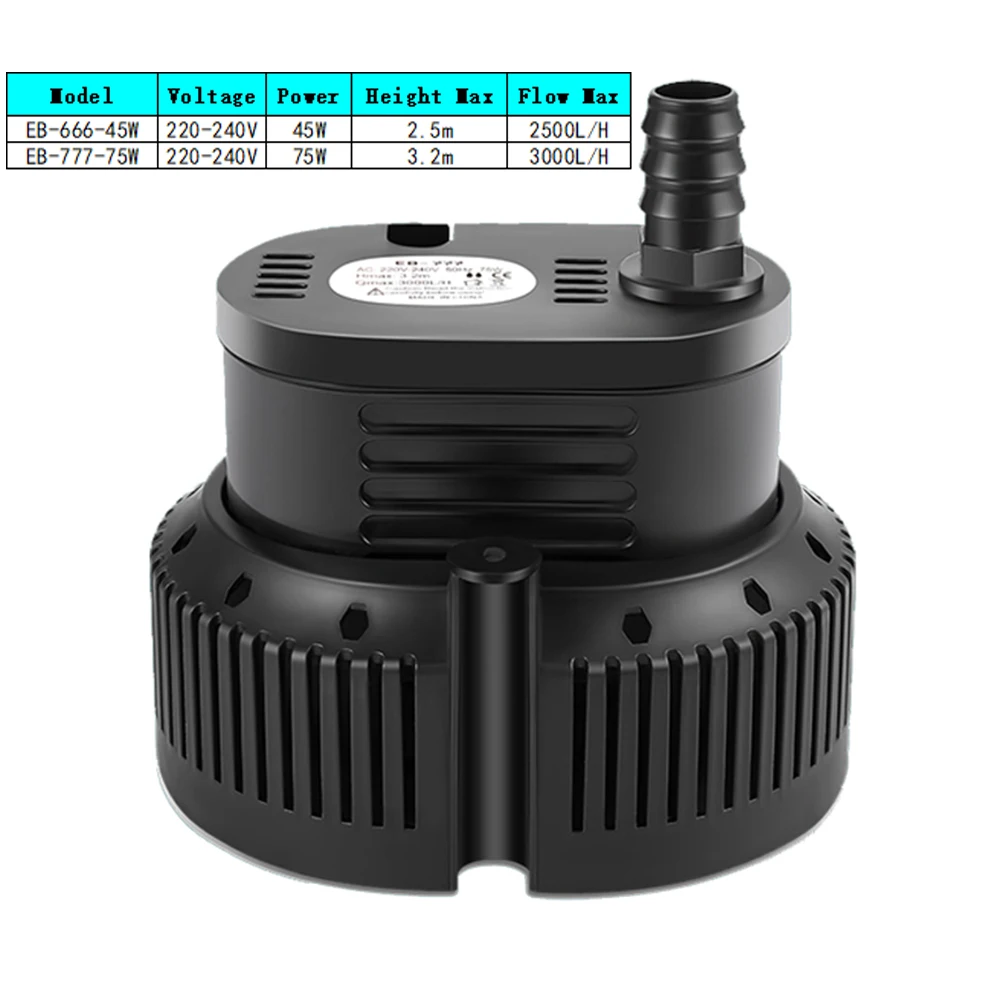 

45/75W 2500-3000L/H Submersible Water Pump AC220-240V Aquarium Fish Pond Tank Spout Marin Temperature Control Clean