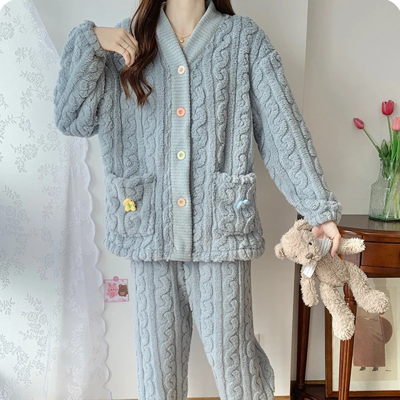 Winter Thicken Velvet Pajamas for Women Simple Warm Button Design Cardigan Girls Casual Outerwear Home Clothes Pants Set