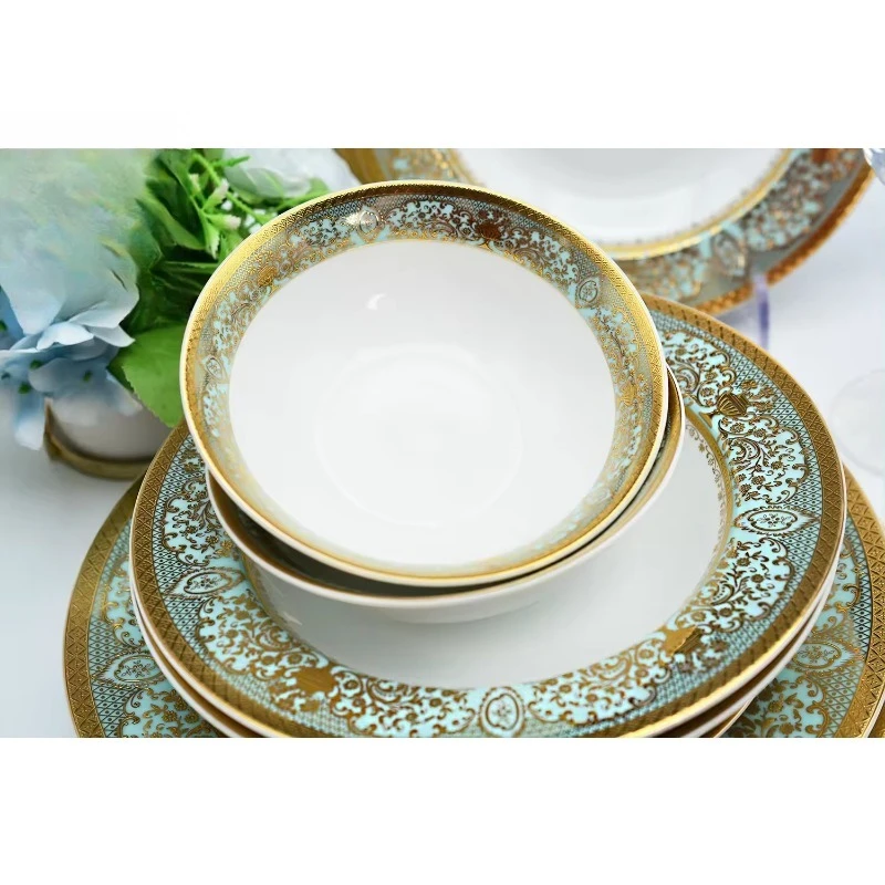 Quick Shipping 24pcs Embossed Gold Green Color Dinner Plates Soup Plate and Bow Bone China Dinner Set