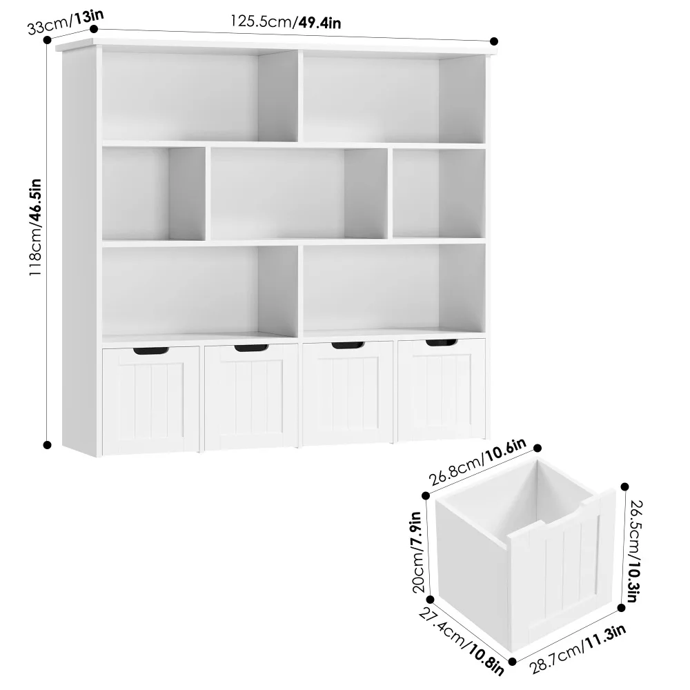 Bibliothèque de rangement pour enfants, bibliothèque pour enfants, étagère pour chambre d'enfant, valeur de stockage de jouets, 4 égouts à proximité mobile et 7 cubes de rangement