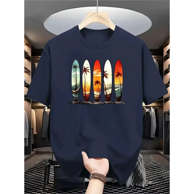 Retro Sunset Surfboard and Palm Tree Print on Premium Soft 100% Cotton Mens T Shirt Perfect for Summer Beach Casual Style