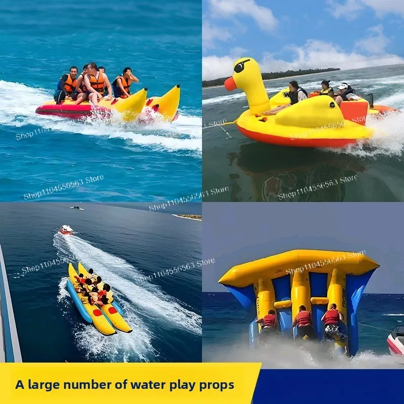 Bote inflable de agua con forma de plátano, pez volador, pato amarillo grande, unicornio, kayak remolcable, instalaciones de recreación acuática