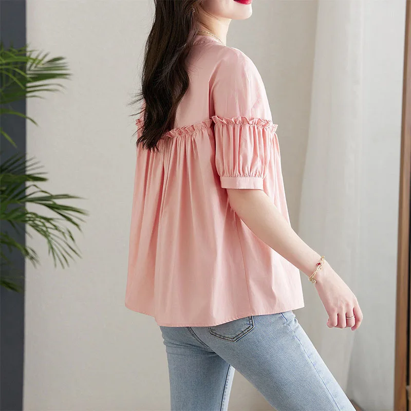 Summer Fashion Folds Ruffles Patchwork Loose Shirts Female Casual All-match Single-breasted Solid Color Short Sleeve Blouses