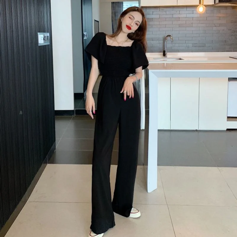 Jumpsuits Women Spring Solid Slash Neck Casual Full Length Simple Wide Leg Korean Style Stylish Classic Chic Fashion Newly Ins