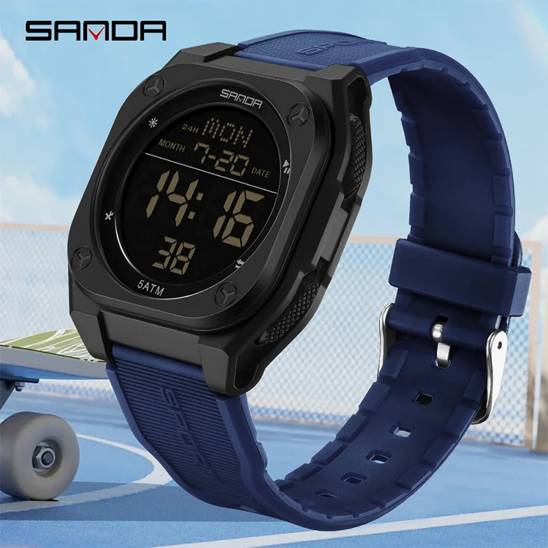 SANDA LED 디지털 남자 시계 다기능 알람 시계 빛나는 방수 실리콘 손목 시계 캐주얼 학생 전자 시계