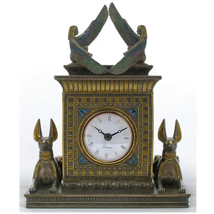 Ancient Egyptian Style Mantel Clock with Anubis Statues & Winged Goddess Resin Desk Clock Retro Home Office Decorative Ornament