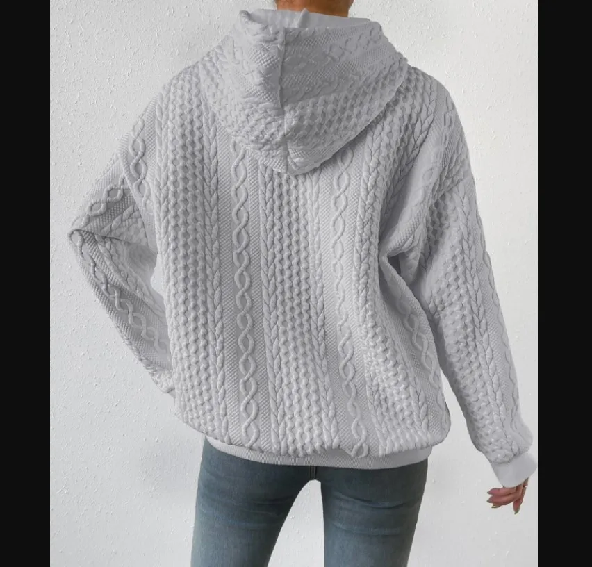 Women's Oversized Medium Weight Long Sleeve Solid Color Hoodie with Drawstring Casual Mid-Length Jacquard Women's Sweatshirt