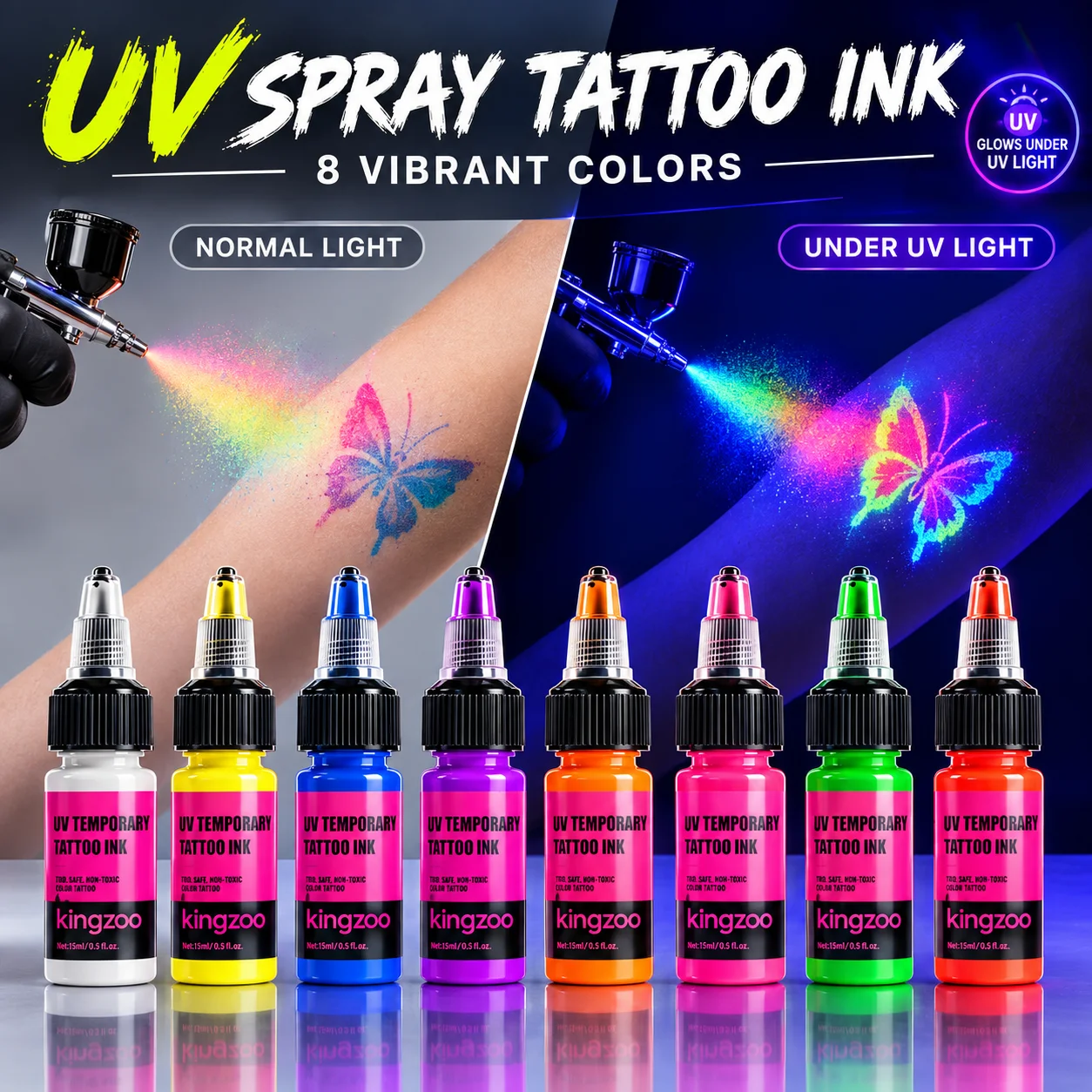 UV Airbrush Tattoo Ink 15ml Fluorescent Body Paint for Festival Waterproof Temporary Tattoo Last 3–7 Days Skin Safe Easy Removal